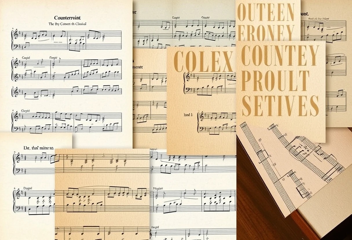 Collage de partituras clásicas y modernas, mostrando técnicas de contrapunto